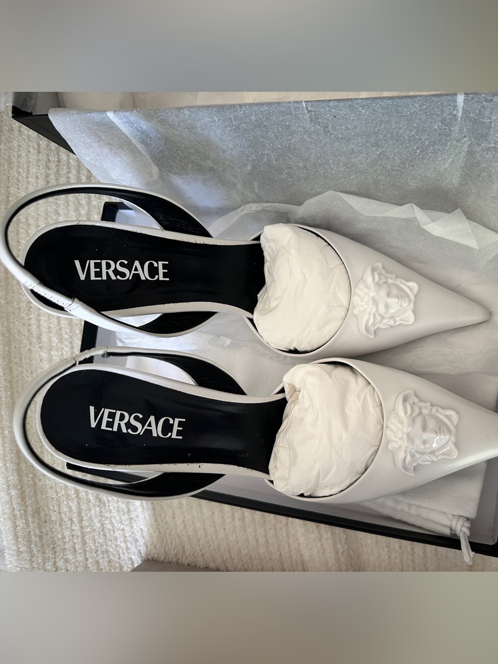 Versace White Pointed Medusa Slingback Pumps